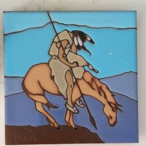 Handcrafted Art Glass Panel with Blue and Brown Design